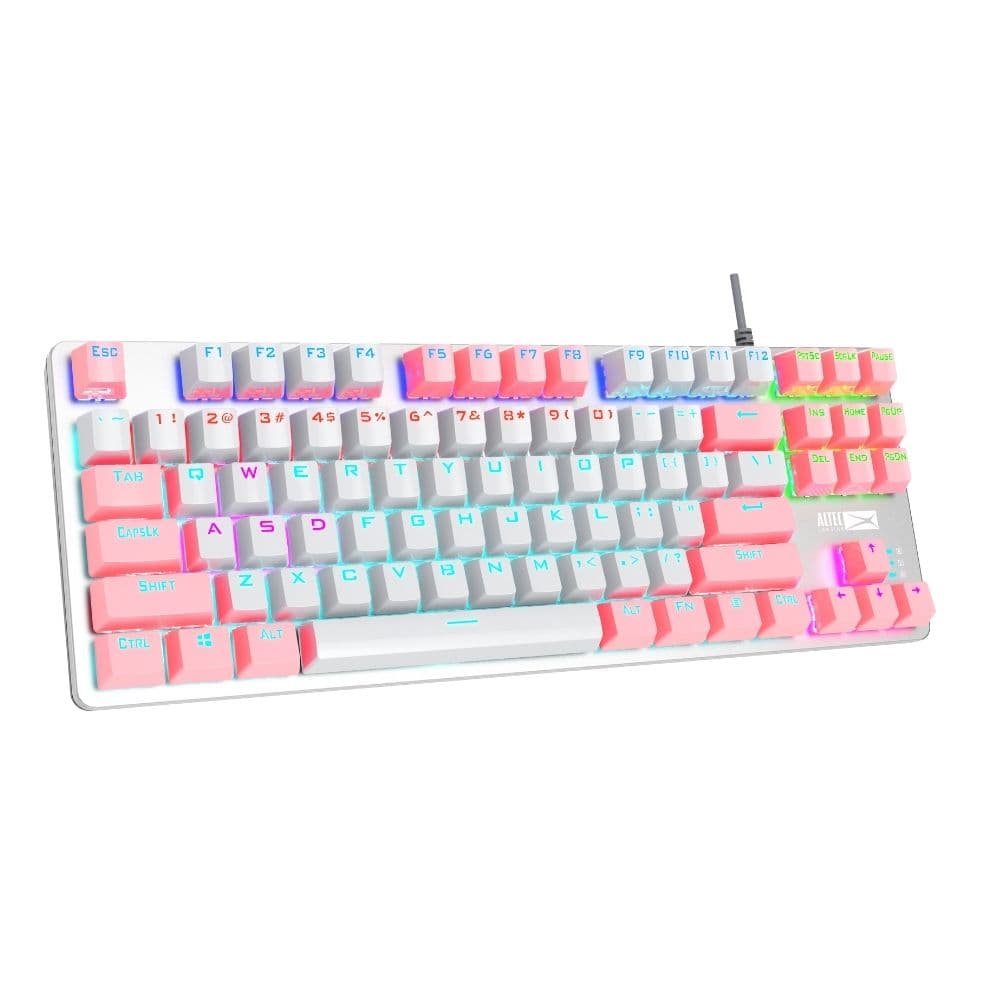 Altec Lansing RGB Gaming Keyboard with Metal Panel, Compact Mechanical Keyboard for PC, Computer, TKL 87 Keys, Pink/ White