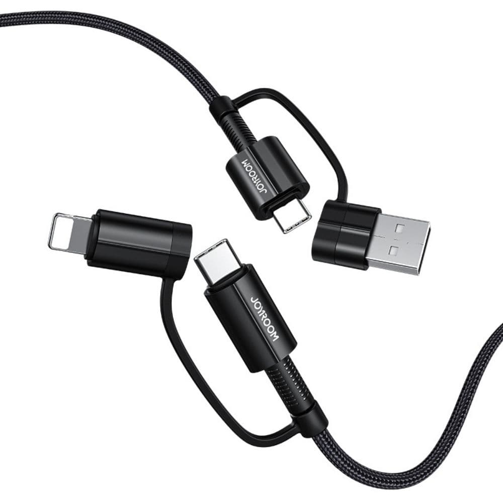 Joyroom 4-in-1 Multi-Function Charging and Data Cable for iPhone 15/ 16, Android, 8-Pin, Type C, USB A, 1.8m, Black
