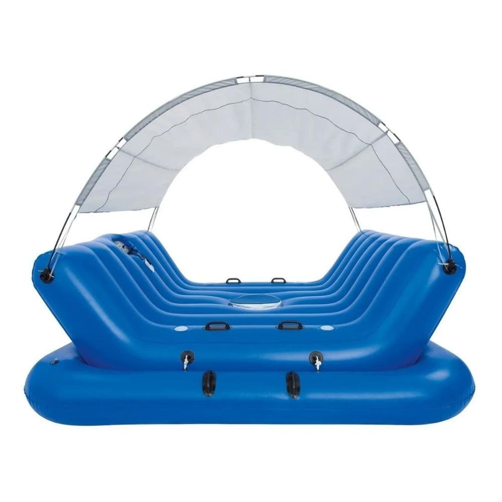 Inflatable Floating Island Lounger with Sunshade, Floating Island Pool Water Float with Sound Bar and Cup Holder